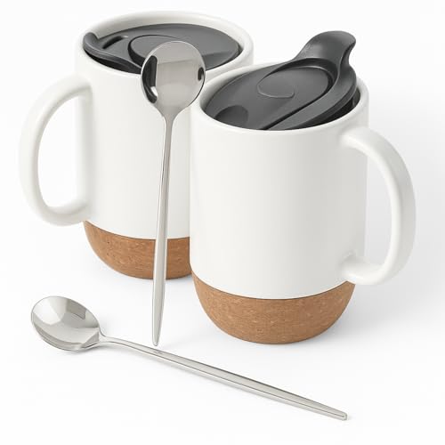 SALFORDKOCO Ceramic Coffee Mug with Lid – Set of 2 White 15oz Cups with Cork Bottom & Spill-Resistant Lid, Coffee Lover Gift