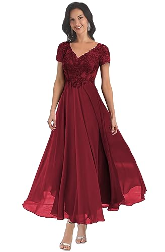 BANTRATIC Mother of The Bride Dresses for Wedding Lace Appliques V Neck Short Sleeve Corset Chiffon Back Bridesmaid Dress4