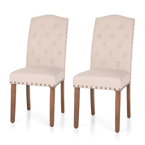 ALPHA HOME Tufted Dining Chairs Set of 2, Linen Fabric Diner Chairs Upholstered Padded Modern Dining Room Chairs with Button Back Wooden Frame Stylish Kitchen Chairs, Beige