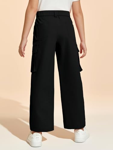 Haloumoning Girls Cargo Pants Casual Baggy Wide Leg Elastic Waist Jogger Trousers with Pockets 5-14 Years3