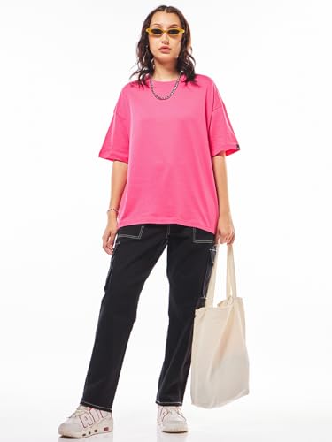 Image of Bewakoof Women's Solid Oversized Fit Half Sleeve Round Neck Cotton Jersey T-Shirt