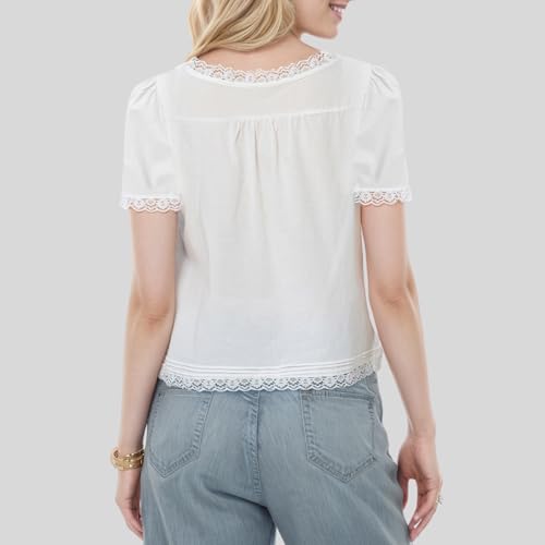 Women Boho Button Down Lace Trim Crop Tee Top Short Sleeve Scoop Neck Ruffle Semi Sheer Flowy Tie Front T Shirt3