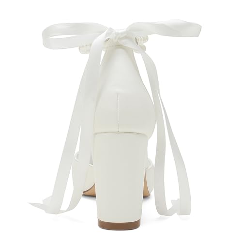 Closed Toe Pearl Heels Satin Wedding Shoes for Bride High Heels with Bow Chunky Block Heels for Women Prom Evening Party Dress Shoes Pumps4