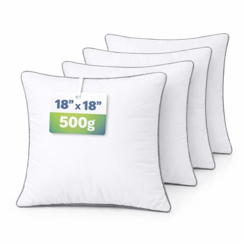 18x18 Throw Pillow Inserts Set of 4 500g Extra Filled Decorative Pillow Inserts with Grey Piped Edge Soft Fluffy Supportive Couch Sofa Bed Pillow Forms Hypoallergenic Polyester Fiber White