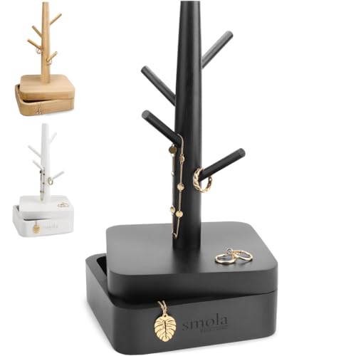 smøla Albero portagioie nero in legno – 4 livelli con scatola – Organizzatore gioielli per collane, orecchini, anelli – decorazione gioielli