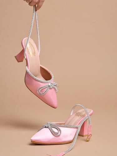 Image of Women's Satin High Heel Sandals Pointed Toe Party Heels with Rhinestone Bow & Ankle Strap - Elegant Stilettos for Weddings & Events
