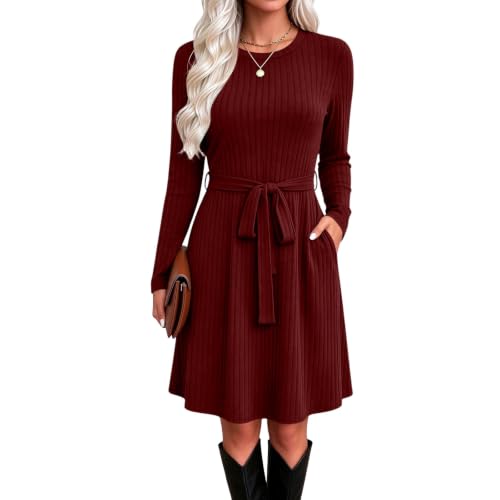 Fall Dresses for Women Fall Sweater Dress Long Sleeve Tie Waist Midi Dress - image 3