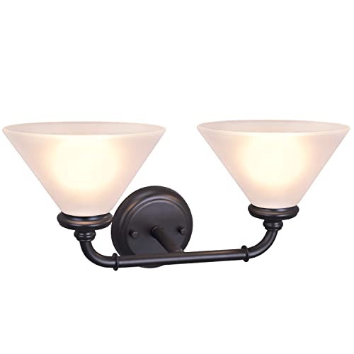 Image of Aspen Creative 62146, Two Metal Bathroom Light Fixture, 6-1 /2 inch Wide, Transitional Design in Oil Rubbed Bronze with Frosted Glass Shade Vanity Wall