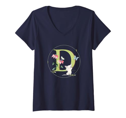 Mujer Monograma lindo con letra inicial de gato D Camiseta Cuello V