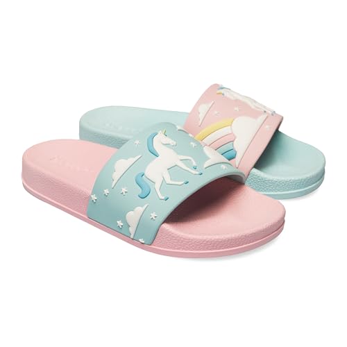 Dedoles Badeschuhe & Hausschuhe Damen Herren & Kinder Badesandalen lustige Designs Bücher Kaffee Party Pizza Fuchs Bär Lama Wolken Geschenk, Farbe: Einhorn und Regenbogen, Gr.: 30 EU 4