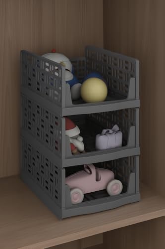Image of Foldable Drawer Organizer with Stackable Storage Boxes for Wardrobe & Cupboard | Multipurpose Space Saving Storage Bins for Clothes, Toys, Books & Daily Essentials, Grey (Pack of 3)