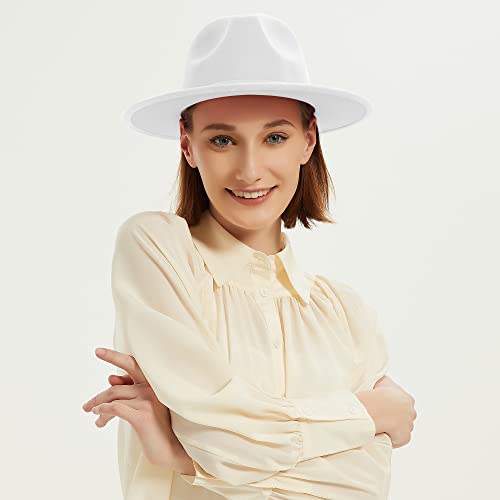 Image of Wide Brim Fedora Hats for Women and Men Classic Felt Panama Hat Men's Two Tone Dress Hat with Belt Buckle