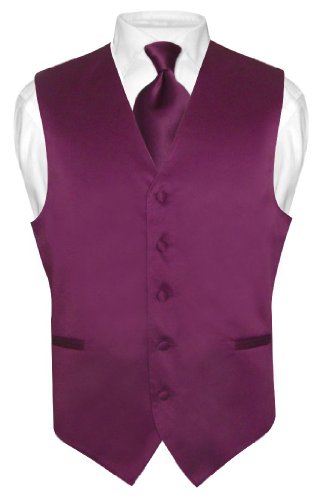 Men's Dress Vest & NeckTie Solid EGGPLANT PURPLE Color Neck Tie Set for Suit Tux
