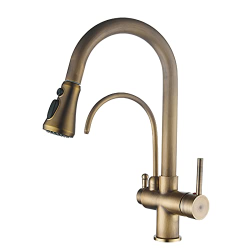 3 Way Kitchen Tap with Pull Out Spray Brass Antique Sink Tap Hot and Cold Water Swivel Kitchen Sink Tap-B