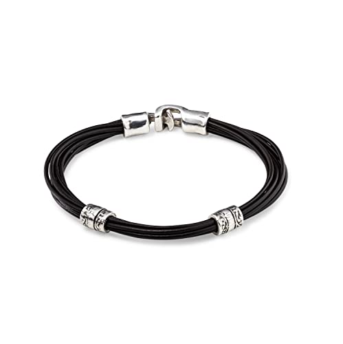 UNOde50 | Pulsera de Cuero Bañada en Plata de Ley | Arandelas Decorativas | Joya Artesanal | Hecho a mano en España