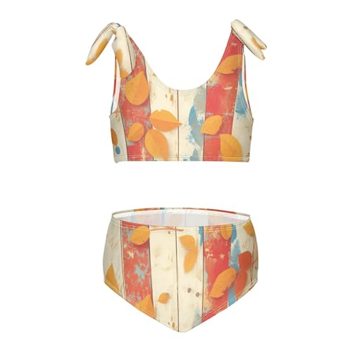 KLL Autumn Leaf on Old White Wooden Girls' Two Piece Bikini Sets Beach Bathing Suit Swimming Suits Adjustable Strap