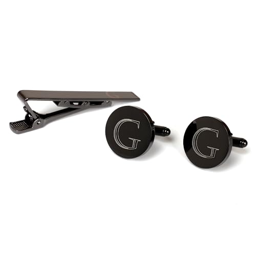 Image of Mens Initial Cufflinks and Tie Clip A-Z Alphabet Letter Black Stainless Cuff Links Tie Bar with Engraved Walnut Wood Box Groom Groomsman Wedding Set