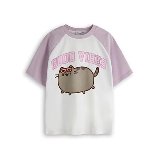 Pusheen Camiseta Girls Raglan | Camiseta gráfica de Manga Corta de Dos Tonos Good Vibes para niños | Internet Cat Kitten Cool College Style Apparel Top | Lindo Regalo de mercancía
