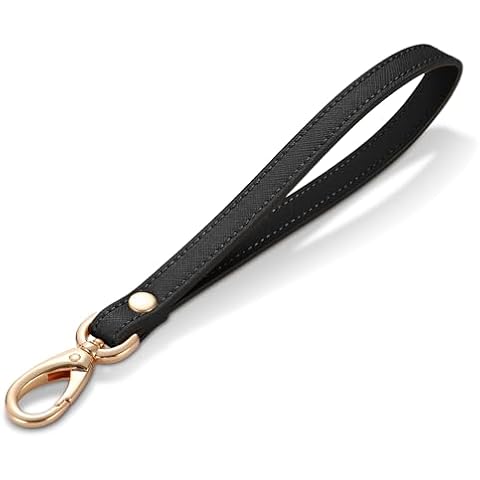 Hamdecro Wristlet Strap, Genuine Leather Wrist Lanyard Hand Strap Replacement for Wallet Purse Clutch Pouch Phone ID Badge, Gold Buckle - Black Cover
