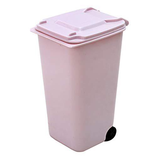 1PC mini bote de basura de la basura de escritorio con tapa durable del mini cubo de la basura Taza del lápiz de soporte con ruedas para la Labios y Oficina de la Escuela Hogar (rosa)