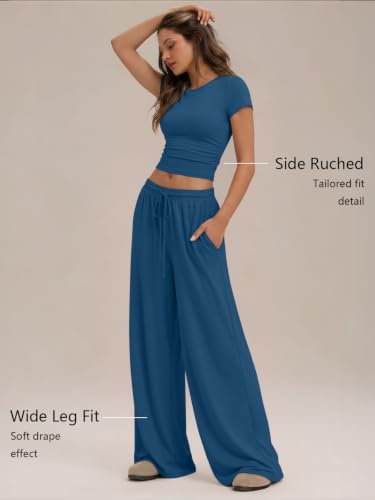Image of Trendy Queen Women's 2 Piece Matching Summer Lounge Set with Pockets | Vacation Airport Travel Outfits, Workout Gym Clothing Comfy Athleisure Clothes, Side-ruched Top, Drawstring Wide Leg Pants