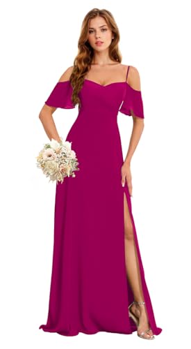 Image of Off The Shoulder Bridesmaid Dresses with Slit Long Chiffon Evening Gowns Hot Pink Formal Evening Dresses Plus Size US20W HGR93