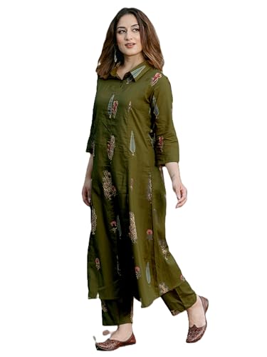 Image of Arayna Women's Pure Cotton Printed A-Line Kurta Set with Pants | Button-Down Collar Kurta
