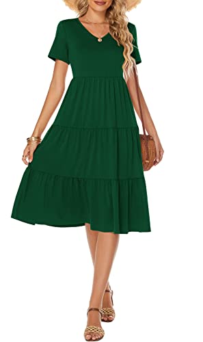 Image of Berydress Women's Casual Summer Tiered Midi Dress 2026 V Neck Boho Sundress | Short Sleeve Dresses for Women, Loose Ruffle Babydoll Style, Cotton Blend Fabric, for Church, Going Out, Beach Vacation