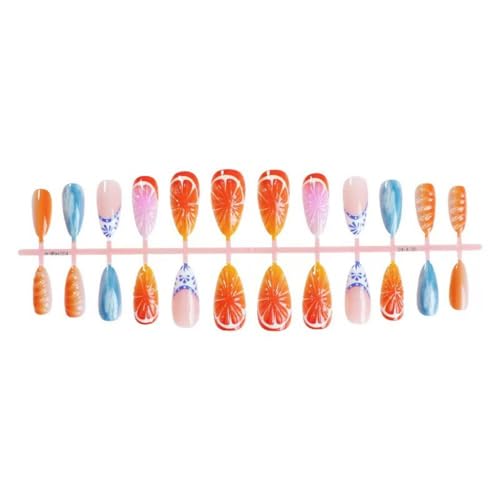 Image of Fruits Press on Nails 3D Orange Fake Nails Medium Almond False Nails with French Tip Design Ocean Glue on Nails Artificial Acrylic Nail Glossy Stick on Nails for Women Girls Manicure 24Pcs