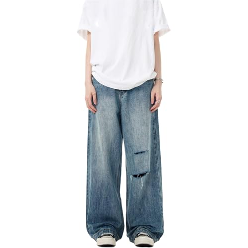 GUOYUXIAO Men's Jeans American-Style Retro Distressed Denim Pants Relaxed Washed Straight-Leg Pants Trouser for Men