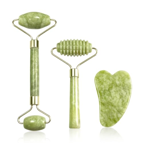 Gua Sha Jade Roller Set, Face Roller, Facial Massager Jade Stone Gua Sha Tool for Eye Puffiness Treatment, Skin Tightening, Rejuvenate Face Neck