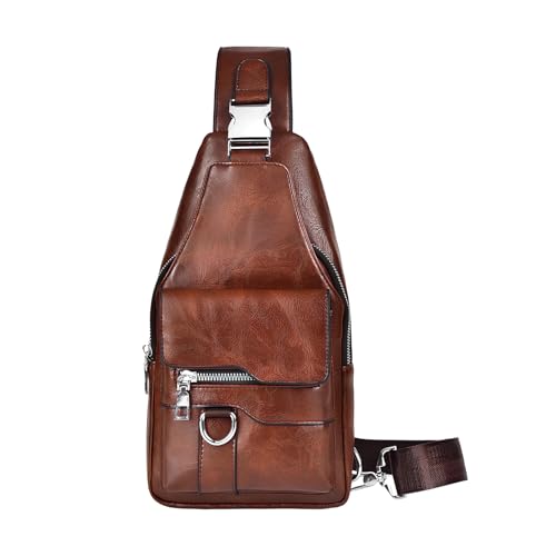 Hnonoxy Sling Bags Brusttasche Herren-Schultertaschen Crossbody Umhngetasche Schultertaschen Crossbody Taschen PU-Leder Wasserdichte Casual Chest Taschen für Wandern Radfahren Camping (DunkelBraun)