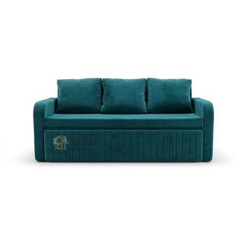 Image of Metal Frame Sofa Cum Bed with Full Cushion | Premium Velvet Fabric 3 Seater Pull-Out Sofa Bed | Space Saving Convertible Couch for Living Room | Modern Teal Color Sofa Bed 6X5 | Comfortable sleeping
