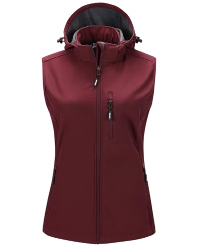 Outdoor Ventures Damen Softshell Westen mit Kapuze Leichte Fleece Gefütterte Ärmellose Jacke Wasserdichte Winddichte Weste Vest mit Zip up-Taschen Dunkelrot S