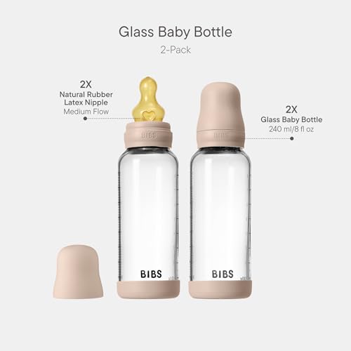 Image of BIBS Glass Baby Bottles 2-Pack, 8.1 Oz. Anti-Colic System for Gas Reduction. Vented Round Natural Rubber Latex Nipple. Supports Infant and Newborn Breastfeeding - 240 ml (Pack of 2), Blush