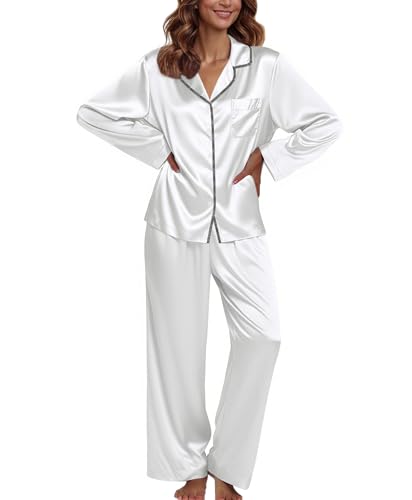 Image of Ekouaer Pajamas For Women Set Silk Pjs 2 Piece Satin Sleepwear Long Sleeve Button Down Lounge Sets With Pant
