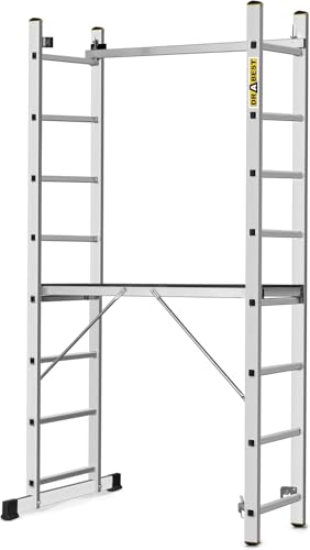 DRABEST Escalera de Aluminio Pro 3en1 - Andamio, Plegable, Multiusos con Plataforma de Trabajo y Gancho para Cubo - Aluminiopara CONSTRUCCIÓN, jardín - 2X 8 peldaños