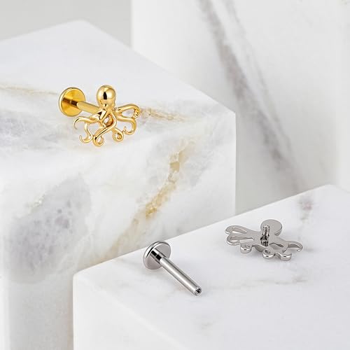 FINE4U 1PC Octopuses Piercings Jewelry for Conch Helix Flat Labret 16G 6mm 8mm, ASTM F136 Titanium