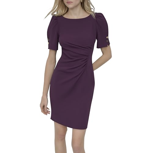Image of DKNY Women's Short Sleeve Ruched Knee Length Sheath Dress with Button Detail