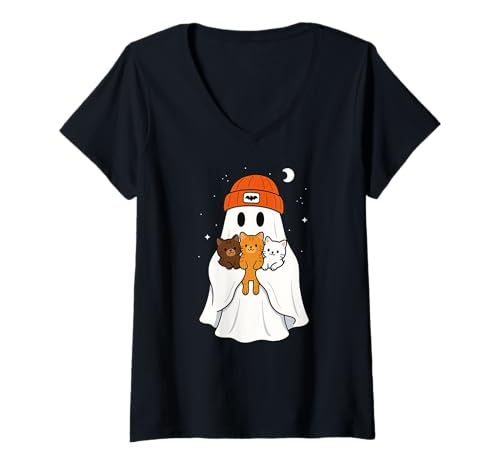Womens Cute Cat Ghost Beenie Hat Halloween Mom Dad Kids V-Neck T-Shirt