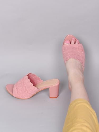 Image of Action Women's Knitted Mule Sandals| Block Heel 10cm| Nude| Peep-Toe Design Beige