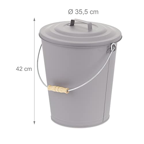 Relaxdays Ascheeimer mit Deckel, 24 Liter, für Kohle & Asche, runder Aschebehälter mit Henkel, Kamin, Ofen & Grill, grau