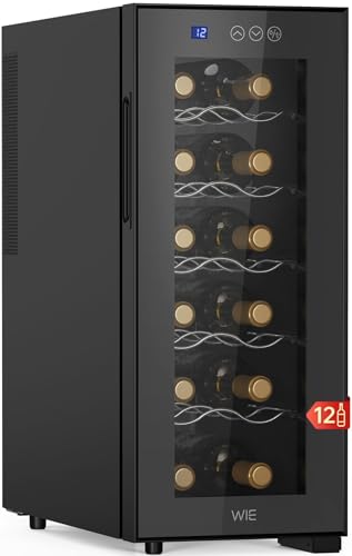 WIE Cantinetta Vino 12 Bottiglie, Raffreddamento Termoelettrico, Cantina Vino con LED Schermo tattile, Porta in Vetro a Specchio, 5 Ripiani Regolabili, Luce LED, 26 dB Basso Livello di Rumore, 33L