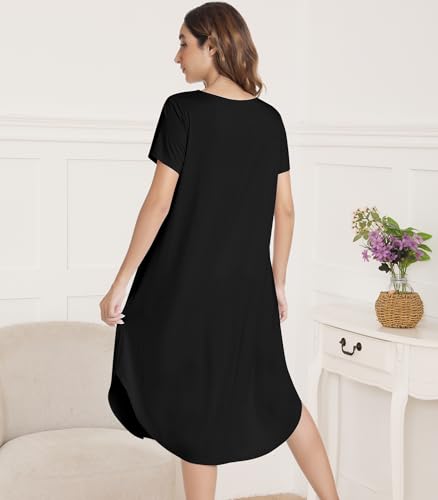 Image of NACHILA Nightgowns for Women-Viscose Made from Bamboo, Short Sleeve Nightshirts Cool Sleep Dress Long Sleep Shirt