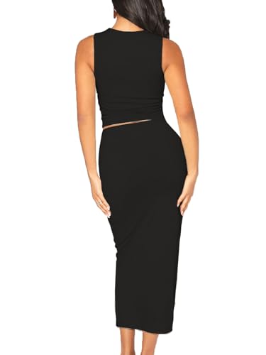 Image of Bdwinz Women's Casual 2 Piece Dress Round Neck Tank Top Bodycon Midi Skirt Dress Set