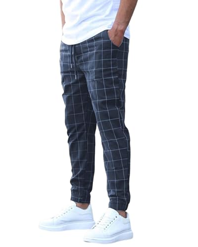 Men's Casual Drawstring Checkered Pants Stretch Slim Fit Skinny Pants Plaid Dress Pants for Men Business Suit Pants