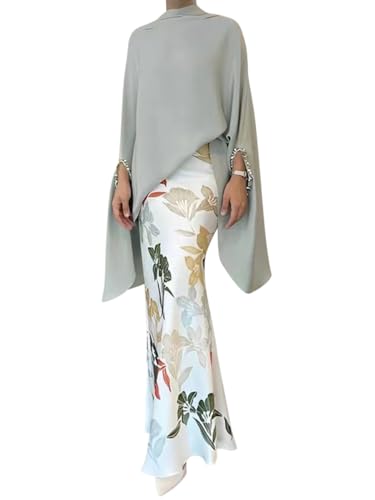 ORANDESIGNE Donna Vestito Lungo Abito da Cerimonia Elegante Camicia Blusa Manica Lunga + Gonna Lunga Aderente Completo Sera 2 Pezzi Festa Cocktail Set Outfit B 06 L