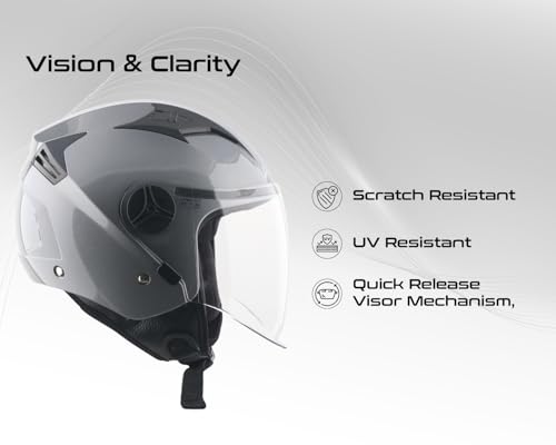 Image of Vega VO-05 Clark ISI Certified Open Face Motorcycle Helmet with High-Impact ABS Shell, Scratch-Resistant Visor, Comfortable Breathable Inner Padding & Secure Strap - Athena Grey - M