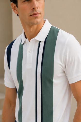 Image of GODFREY Striped Tshirt Shirts Men Cotton Polo T Shirt for Man with Pocket - Regular Fit Half Sleeve Collar T Shirts for Men