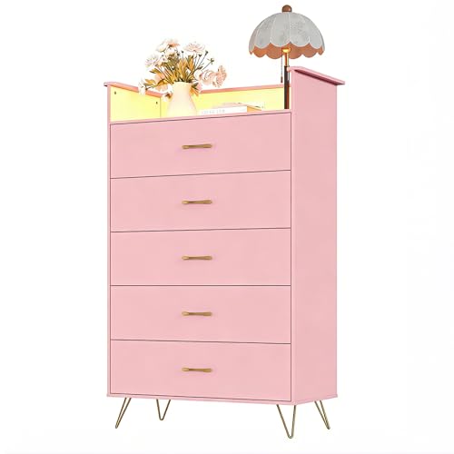 Jojoka Modern 5-Drawer Tall Dresser with LED Lights & Charging Station - Waterproof Wooden Chest of Drawers with Silent Drawer Slides, Closet for Bedroom, Living Room, Entryway, Hallway, Pink